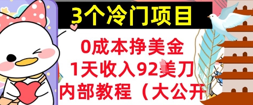 3个冷门项目，0成本挣美金，1天收入92刀，超简单， 内部教程(首次公开)-艾云网创
